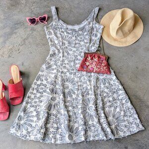 Alabama Chanin Gray White Floral Handstitched Mini Dress small